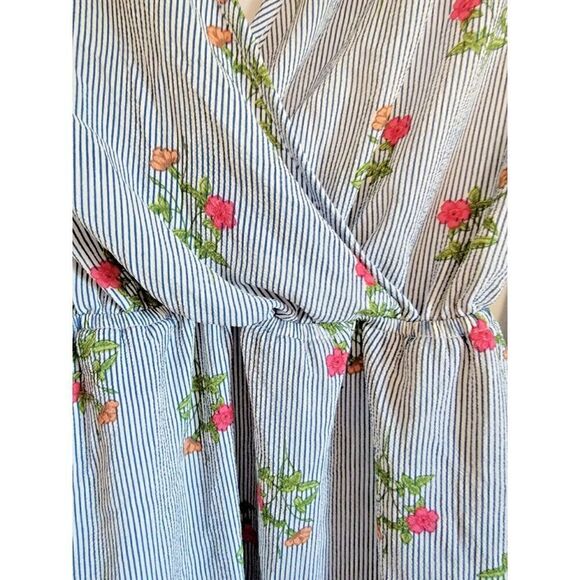 Espresso Elastic Women's PS Striped Floral Dress Romantic Blue‎ White V-Neck - Picture 4 of 6